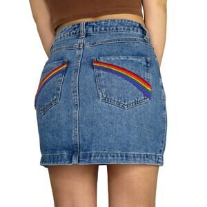 Forever 21 Rainbow Pocket Button Down Denim Skirt Small LGBTQIA+ PRIDE